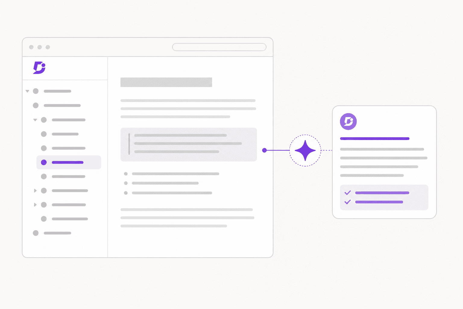 Illustration of a Document360 knowledge base panel with an AI assistant answering a question from the docs