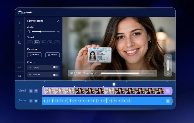 Copyleaks' AI Video Detector interface, as shown on the Copyleaks homepage