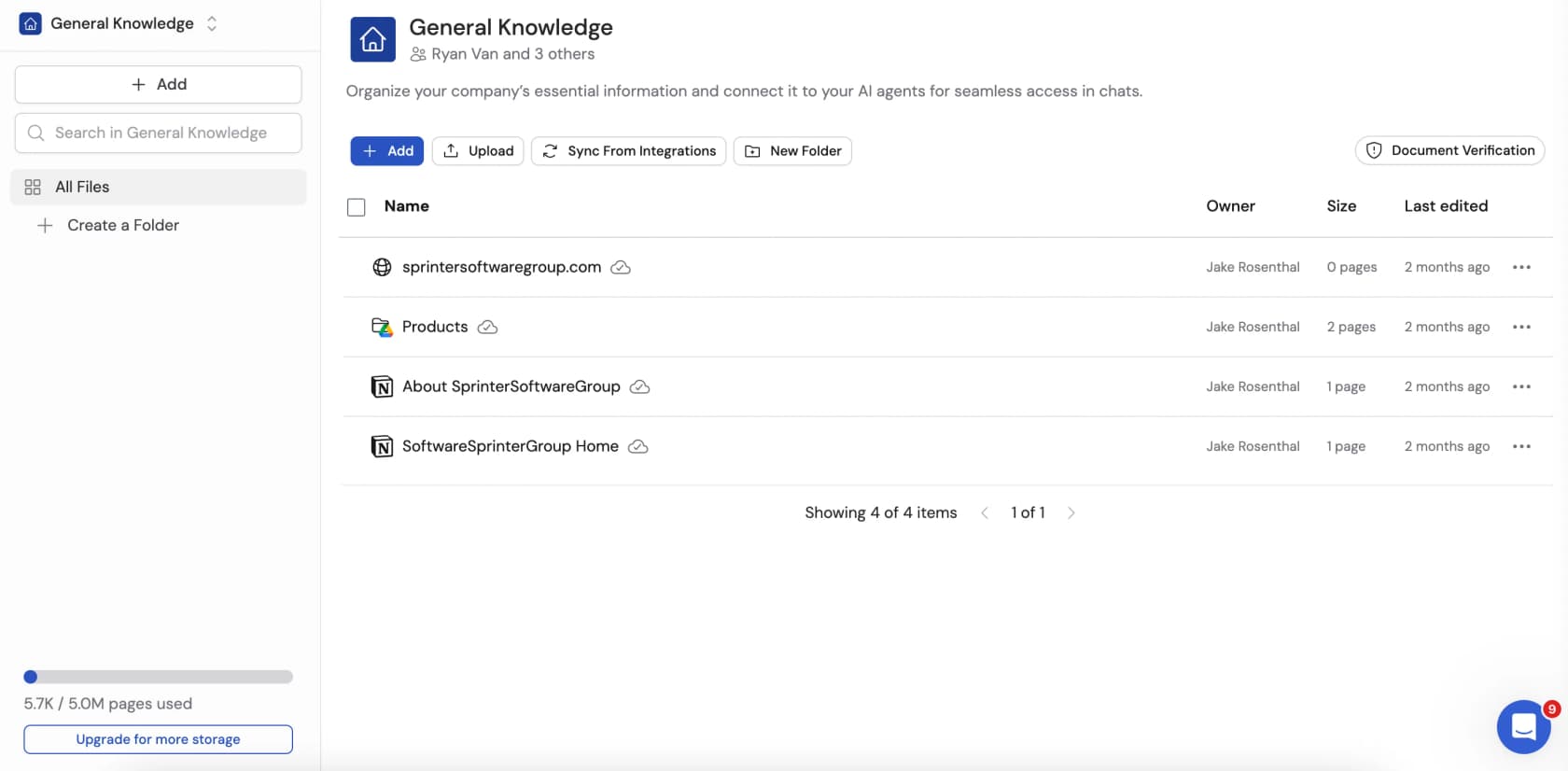 The Cassidy Knowledge Base showing a General Knowledge collection with synced Google Drive and Notion sources, a Document Verification button, and a storage meter reading 5.7K of 5.0M pages used, as taken from Cassidy's docs