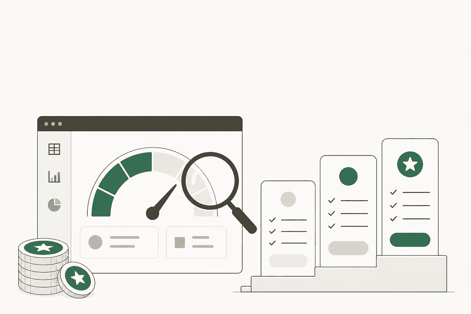 Illustration of a subscription pricing dashboard with a credit meter, coin tokens, and three tiered plan cards.