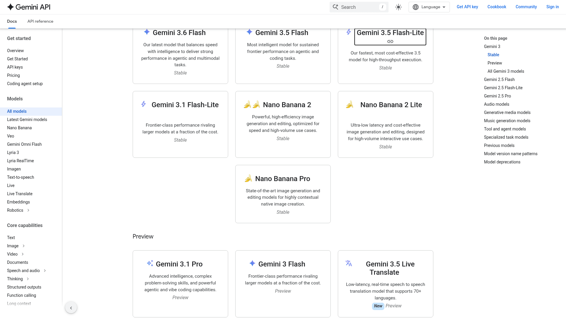 The Gemini API model catalogue with Gemini 3.5 Flash-Lite highlighted as the fastest, most cost-effective 3.5 model for high-throughput execution, as taken from Google