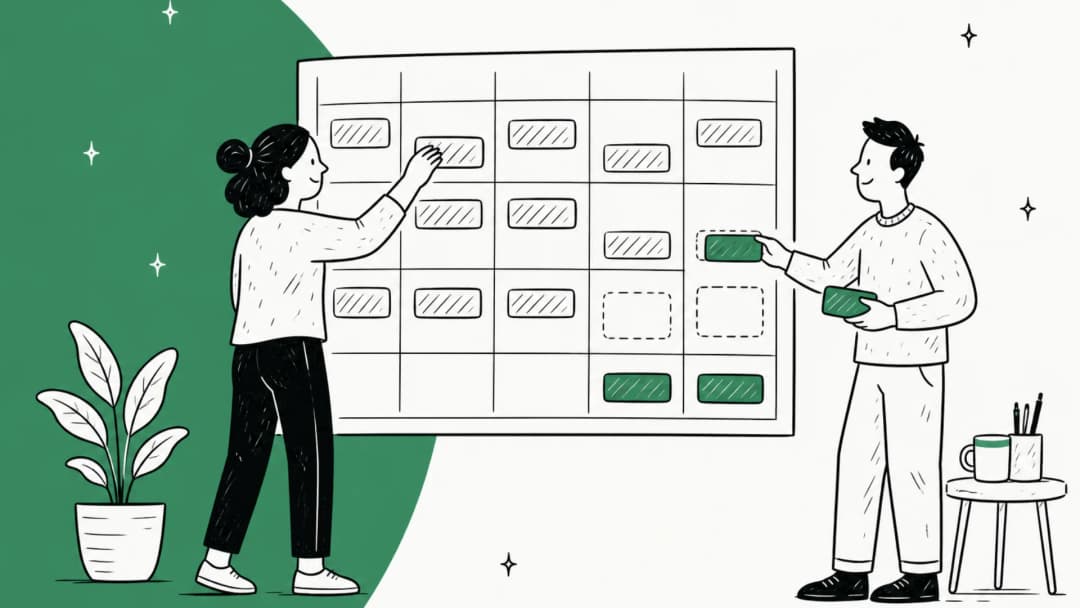 Hand-drawn illustration of two support leads placing shift blocks on a large weekly calendar grid, filling the last empty cells in green