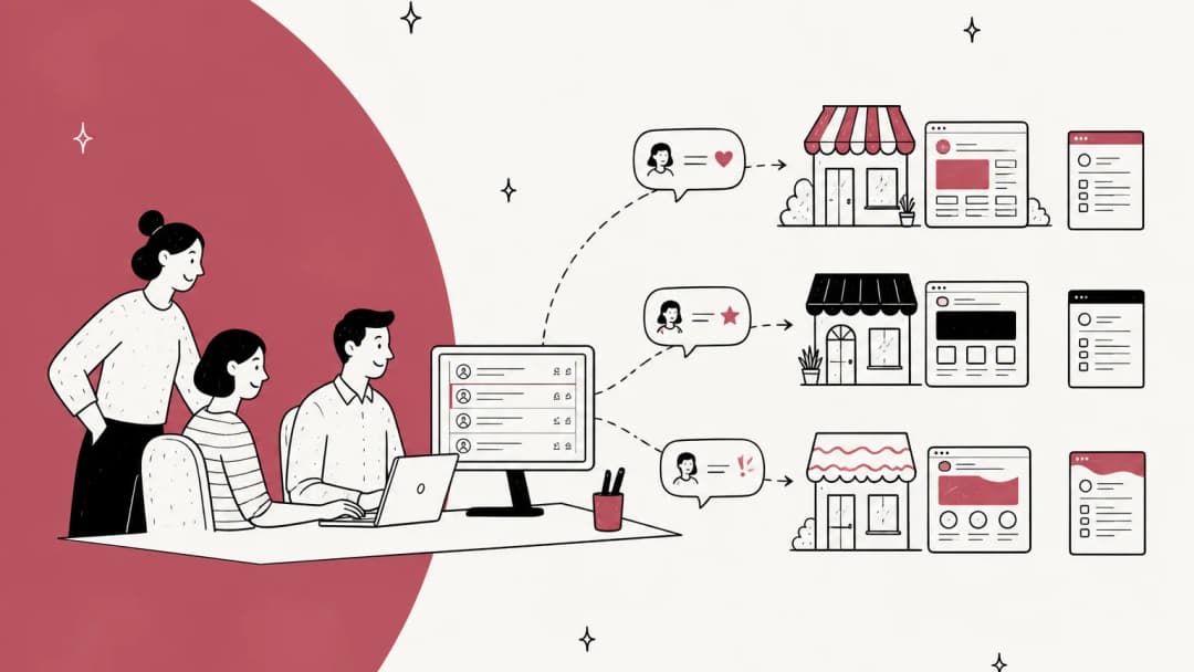 Hand-drawn illustration of one support team at a single desk sending replies out to three different storefronts, each with its own help center and style