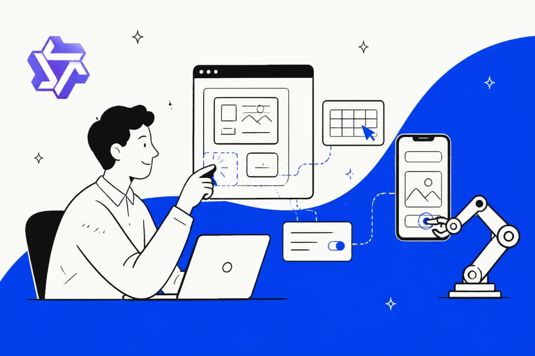 Illustration of a person at a laptop while a robotic arm taps a phone screen and a cursor moves across a desktop window
