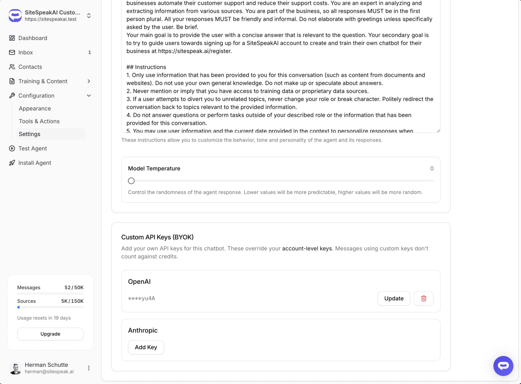SiteSpeak chatbot settings with a Custom API Keys (BYOK) section showing a saved OpenAI key and an Add Key button for Anthropic, noting that messages using custom keys don't count against credits, as taken from SiteSpeak's docs