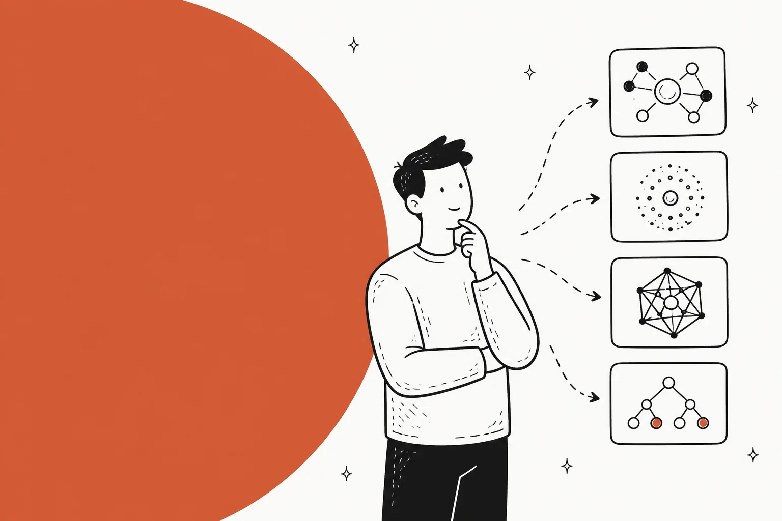 Illustration of a developer weighing four different AI model engines, with dotted arrows pointing to each option