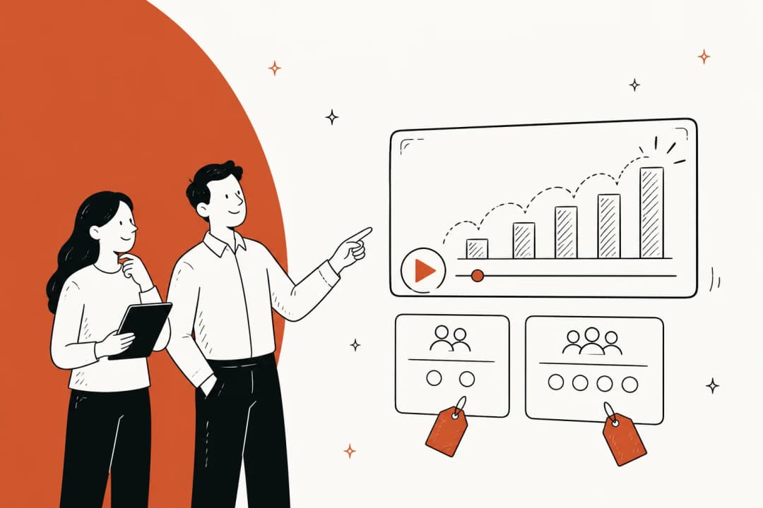 Hand-drawn illustration of two colleagues looking at an animated bar chart with a play button, above two seat cards carrying price tags