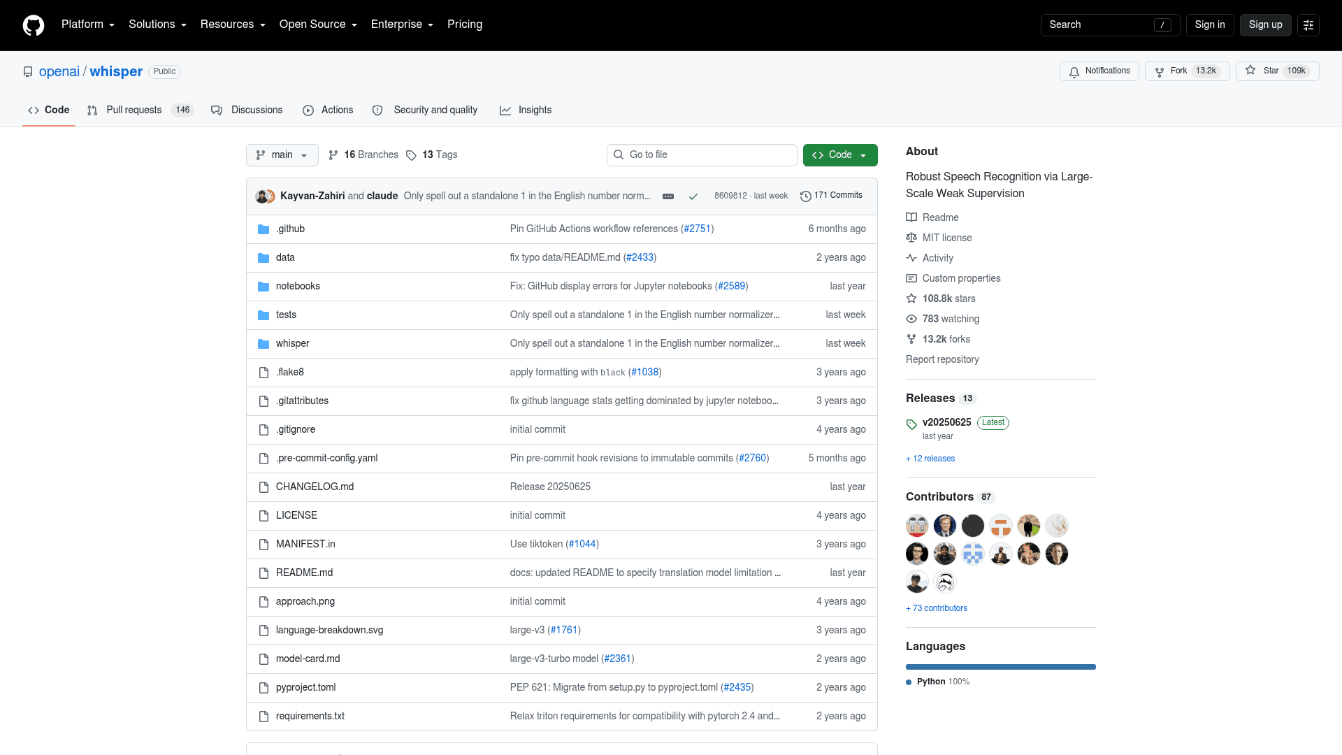 The OpenAI Whisper repository on GitHub, as taken from GitHub