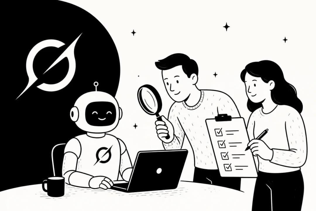 Illustration of an AI teammate at a laptop being reviewed by two colleagues holding a checklist and a magnifying glass, with the Grok mark at left