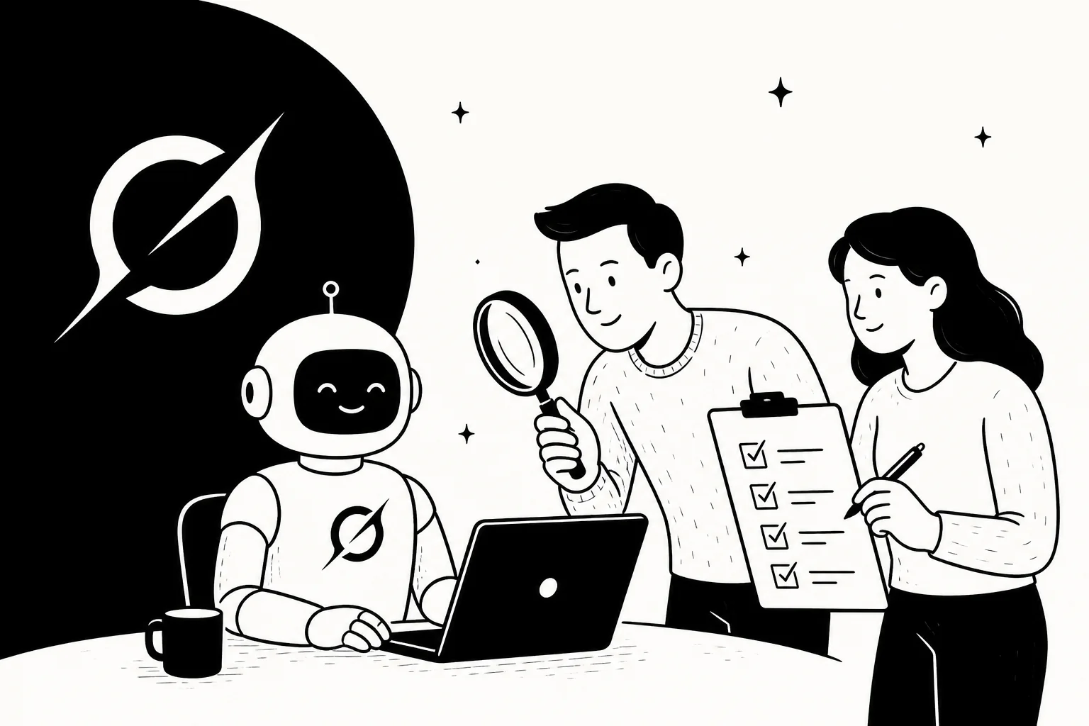 Illustration of an AI teammate at a laptop being reviewed by two colleagues holding a checklist and a magnifying glass, with the Grok mark at left