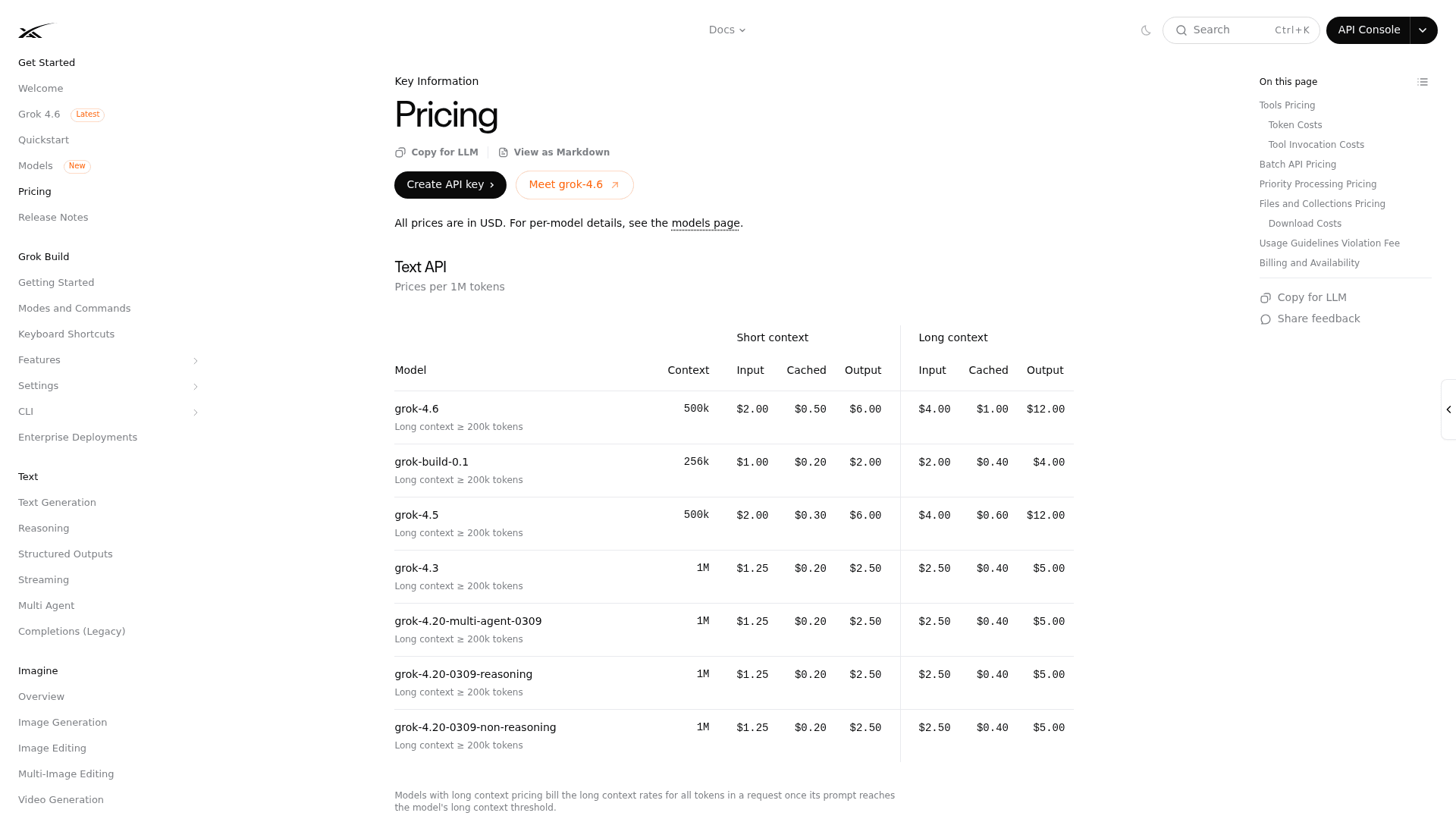 xAI's developer pricing table, showing the short-context and long-context columns for every Grok model, as taken from xAI's docs