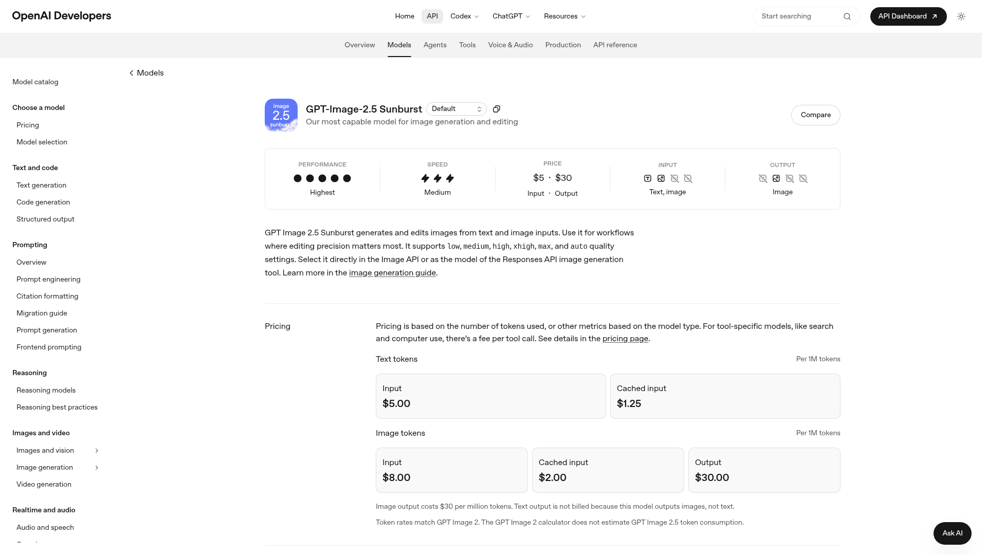ChatGPT Images 2.5 Sunburst model and pricing on the OpenAI API docs, as shown on the OpenAI developer platform