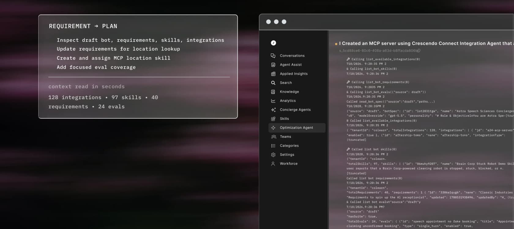 Crescendo's deploy agent view, building a validated assistant from requirements with integrations, skills and evals counted, as taken from Crescendo