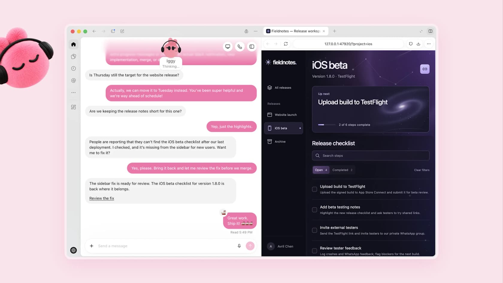 Pink dot Iggy reporting a missing iOS beta checklist and asking permission to fix it, beside a release workspace, as taken from OpenAI
