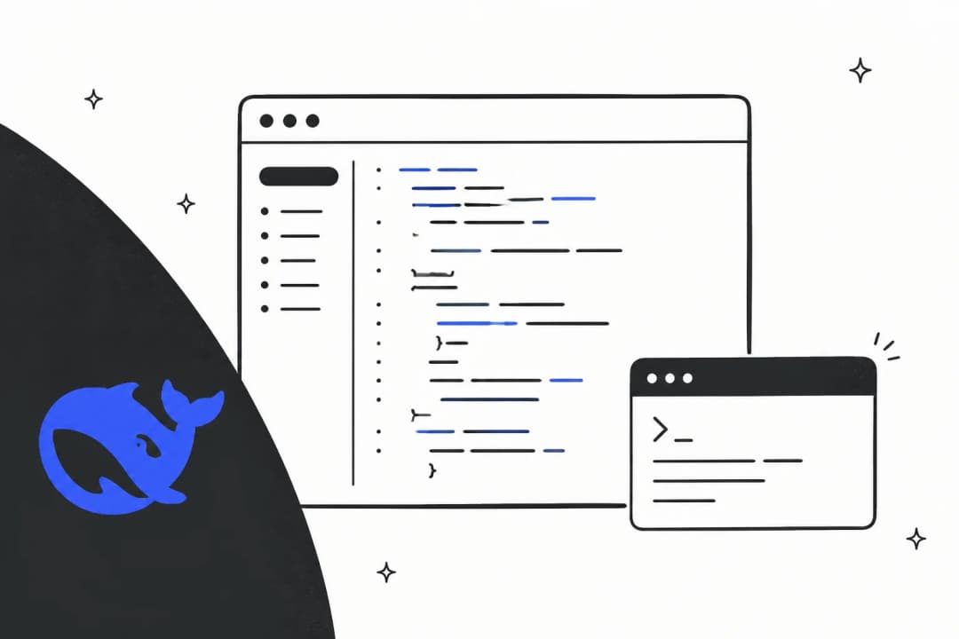 Illustration of a code editor and terminal next to the DeepSeek whale logo, representing calling the DeepSeek V4 Flash API