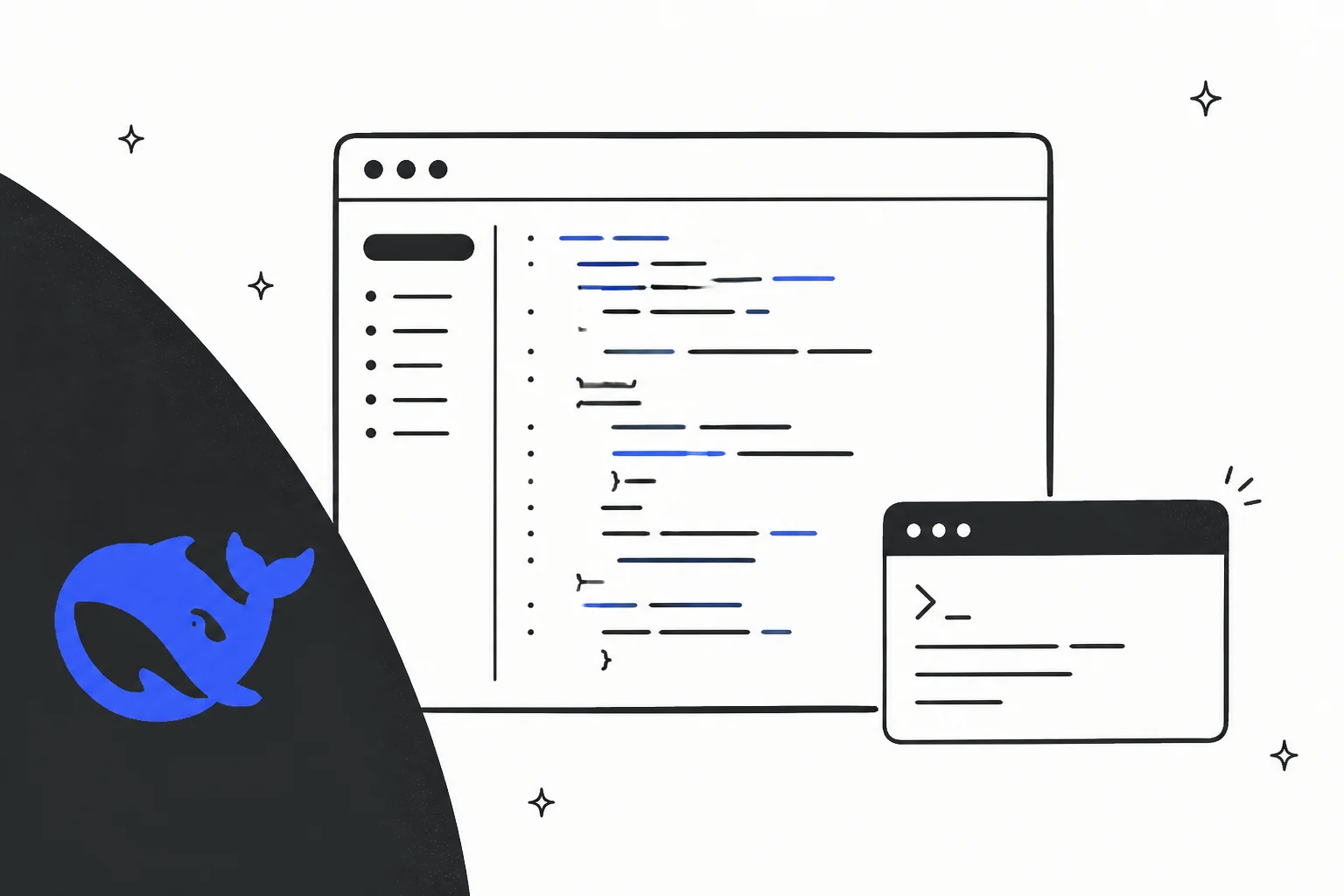 Illustration of a code editor and terminal next to the DeepSeek whale logo, representing calling the DeepSeek V4 Flash API