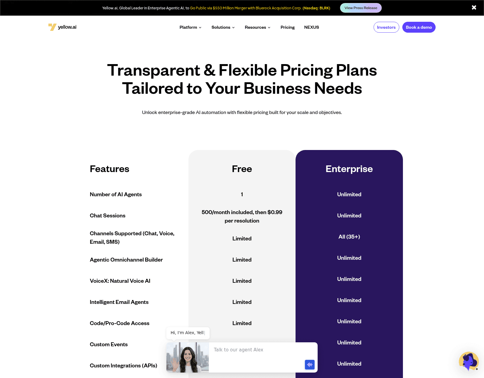 The published Yellow.ai pricing table, with the Free column's $0.99 per resolution beside an Enterprise column that ends in a Contact us button, as taken from Yellow.ai