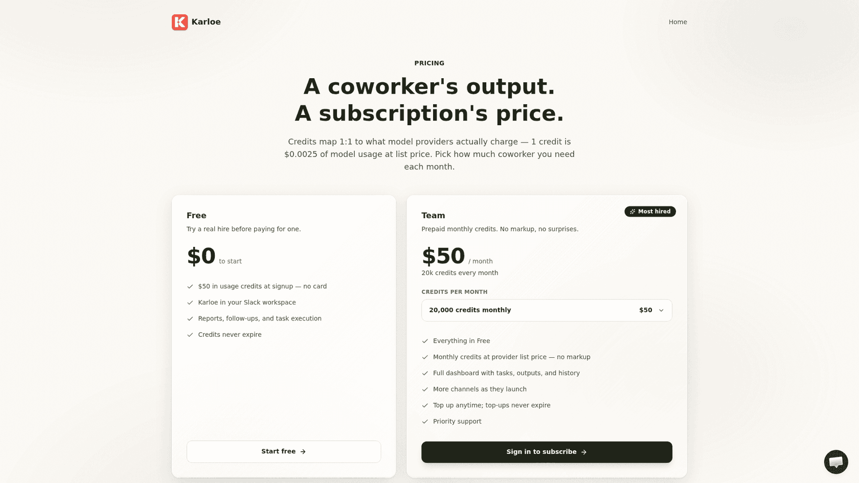 Karloe's pricing page laying out the Free and Team plans, as taken from Karloe