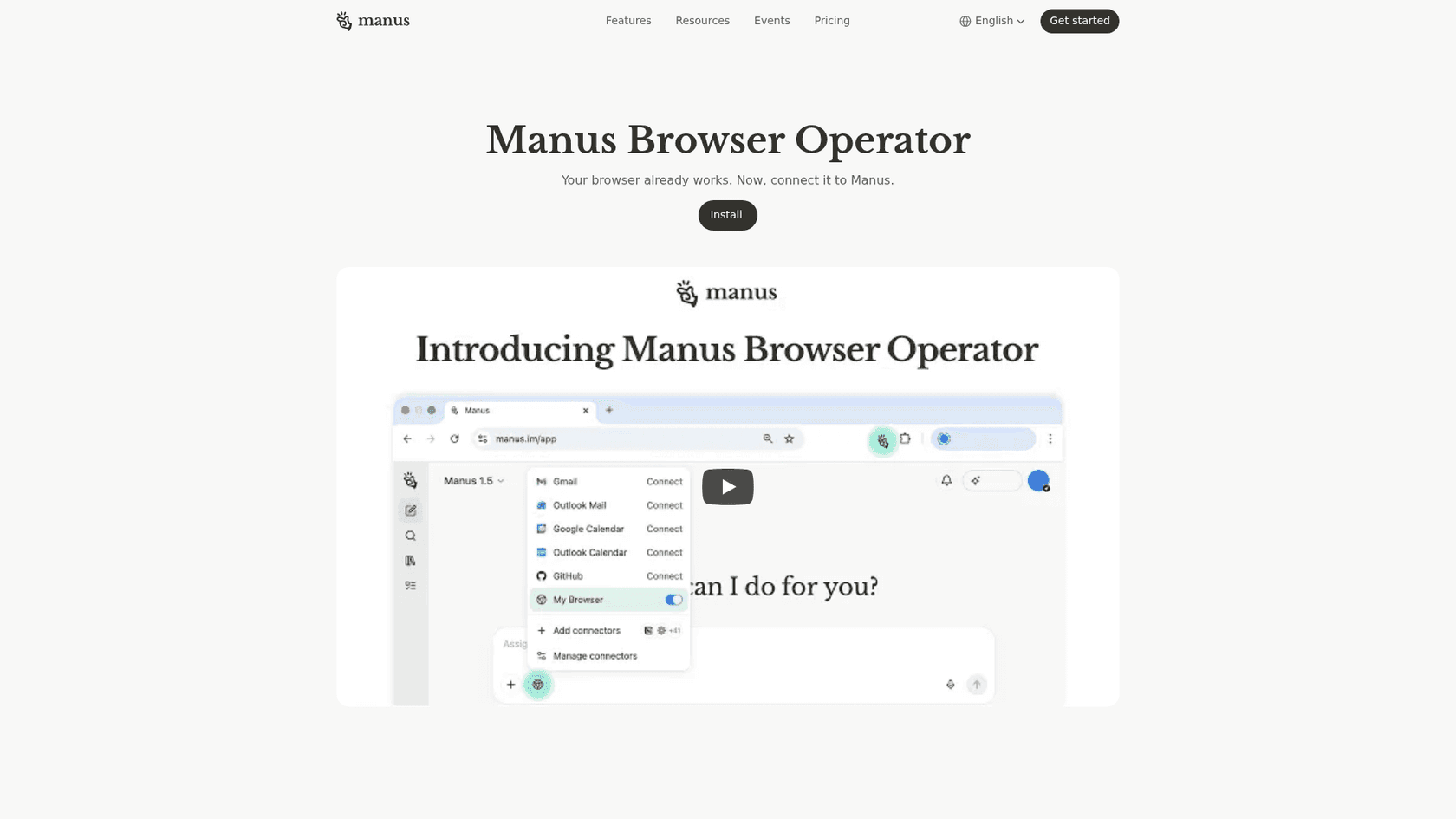 The Manus Browser Operator product page showing its agent and app connectors, as taken from Manus