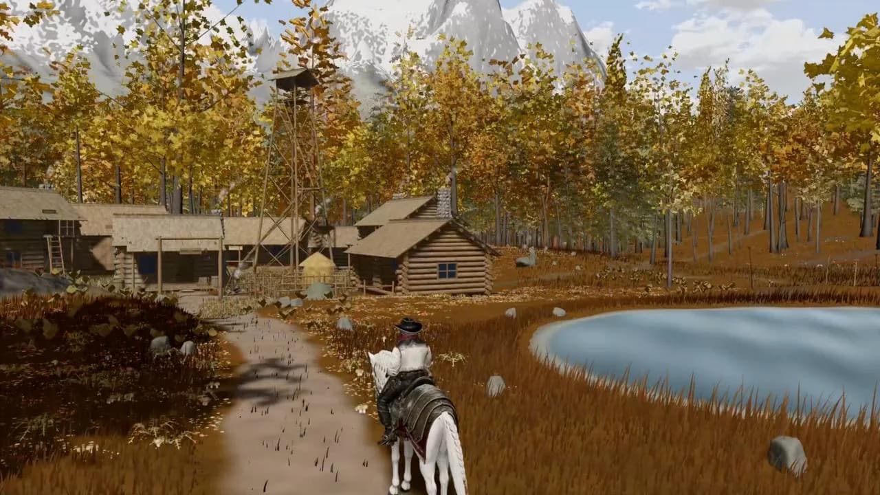 Un juego 3D de mundo abierto generado por Kimi K3 a partir de un solo prompt, mostrando a un jinete a caballo en un paisaje otoñal, tomado del blog de Kimi K3 de Moonshot