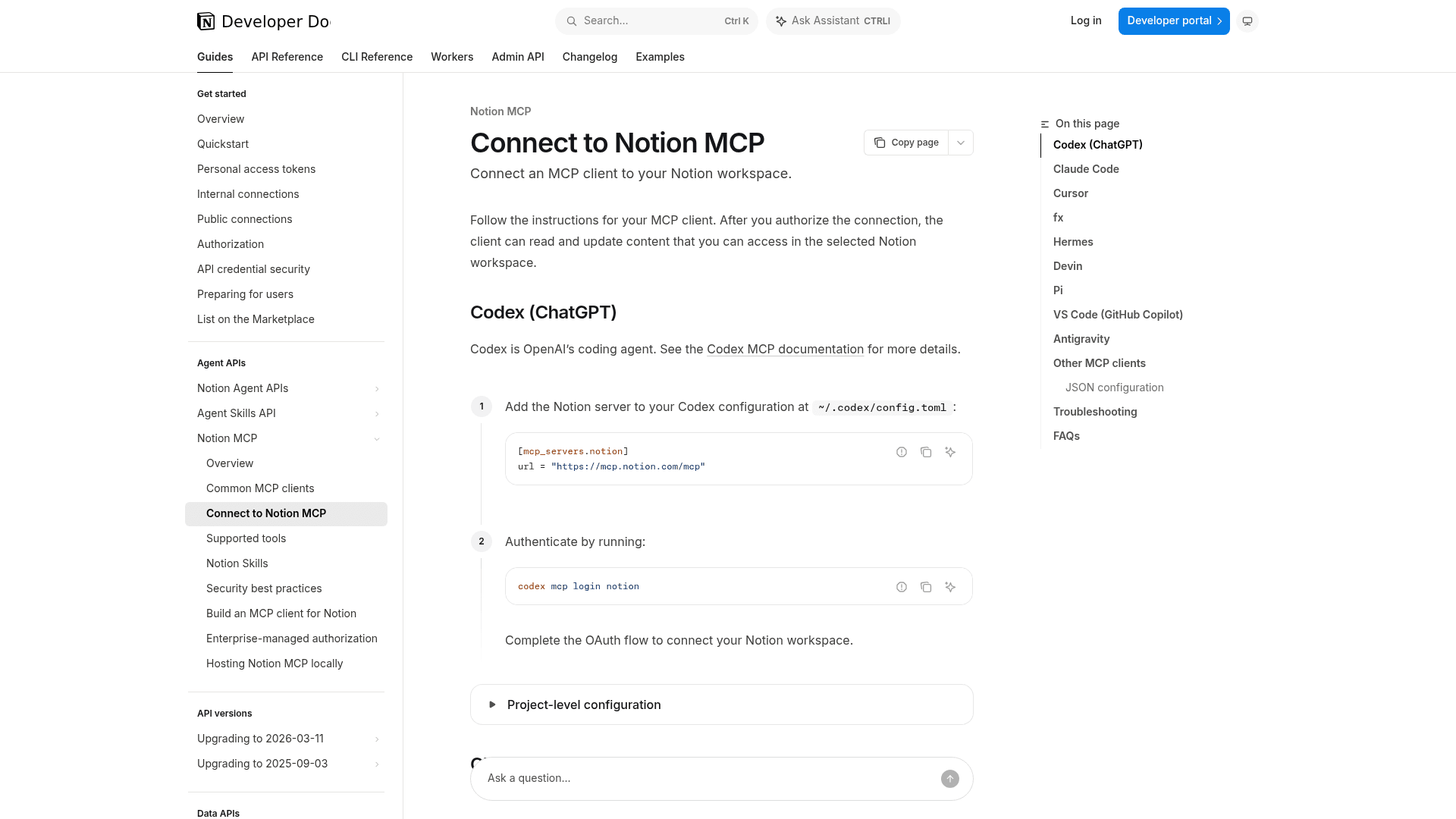 Notion's developer docs page "Connect to Notion MCP", which lists Hermes among the supported MCP clients, as taken from Notion