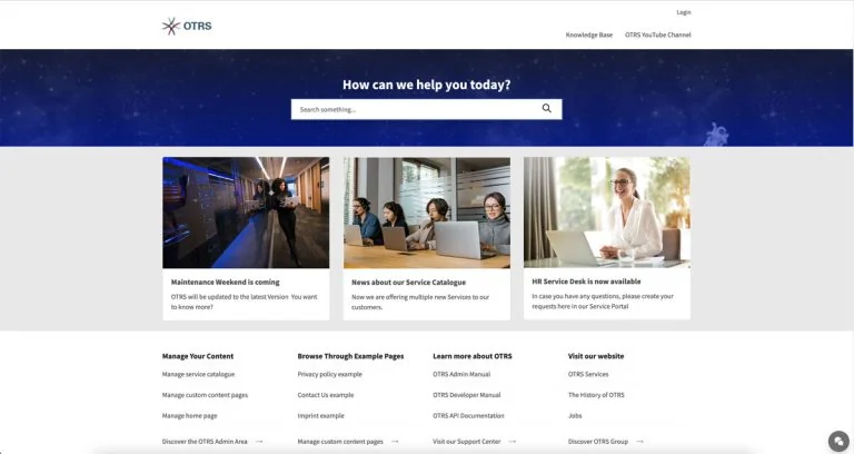 OTRS external customer portal with a search bar and knowledge base cards, as taken from OTRS