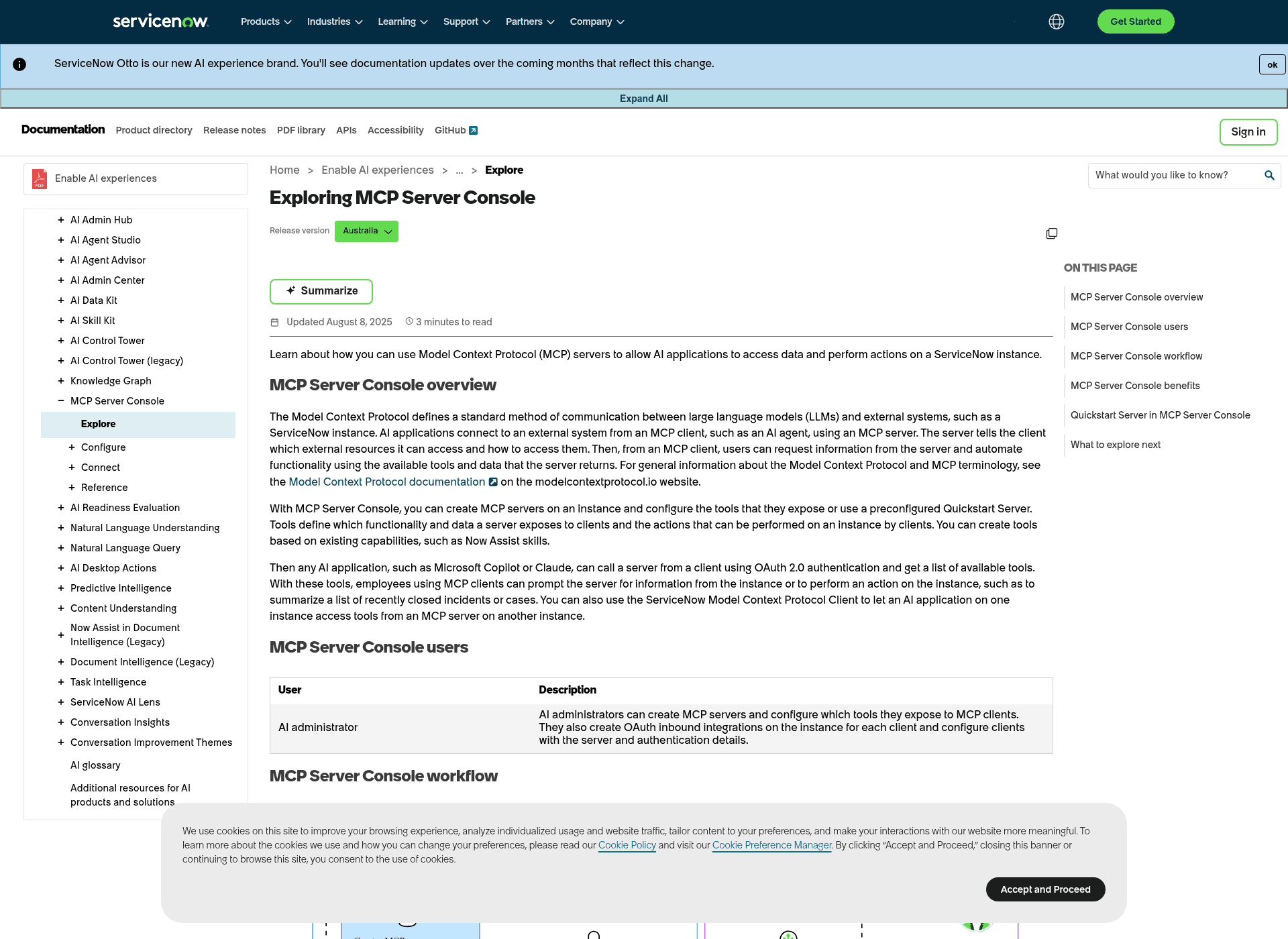 The ServiceNow docs page for MCP Server Console, naming Claude as a supported MCP client, as taken from ServiceNow