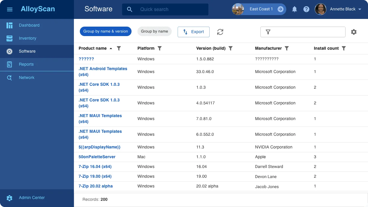 AlloyScan software inventory listing installed products, versions, manufacturers and install counts, as taken from Alloy Software