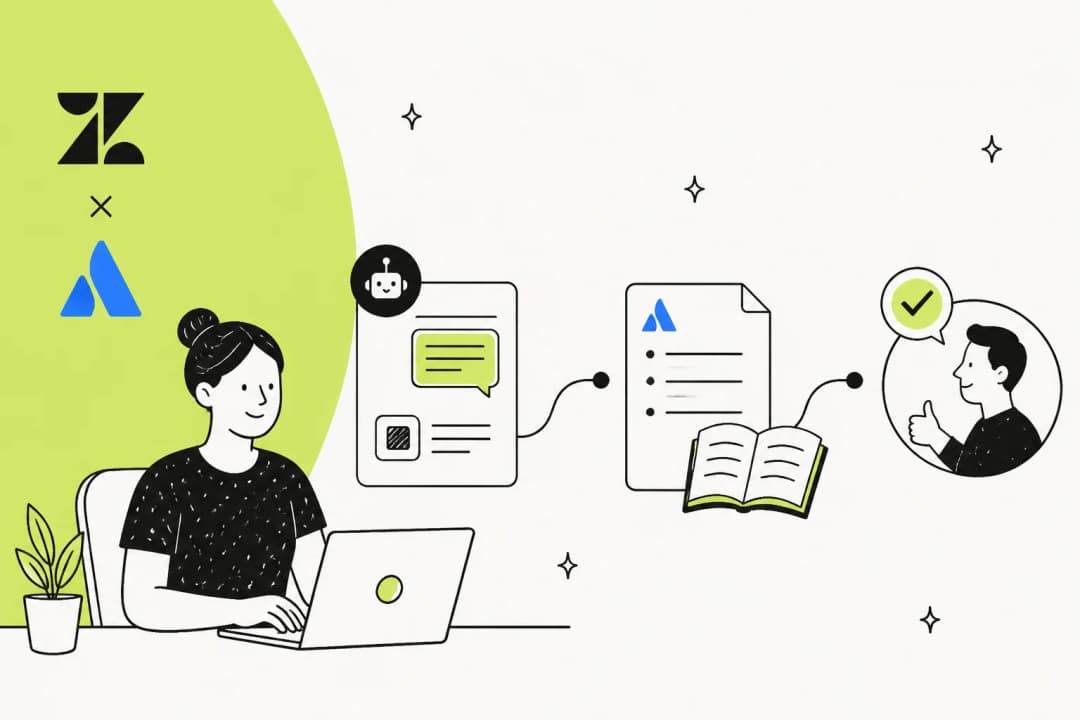 Zendesk and Atlassian Confluence logos above an AI support agent reading a Confluence doc and resolving a ticket