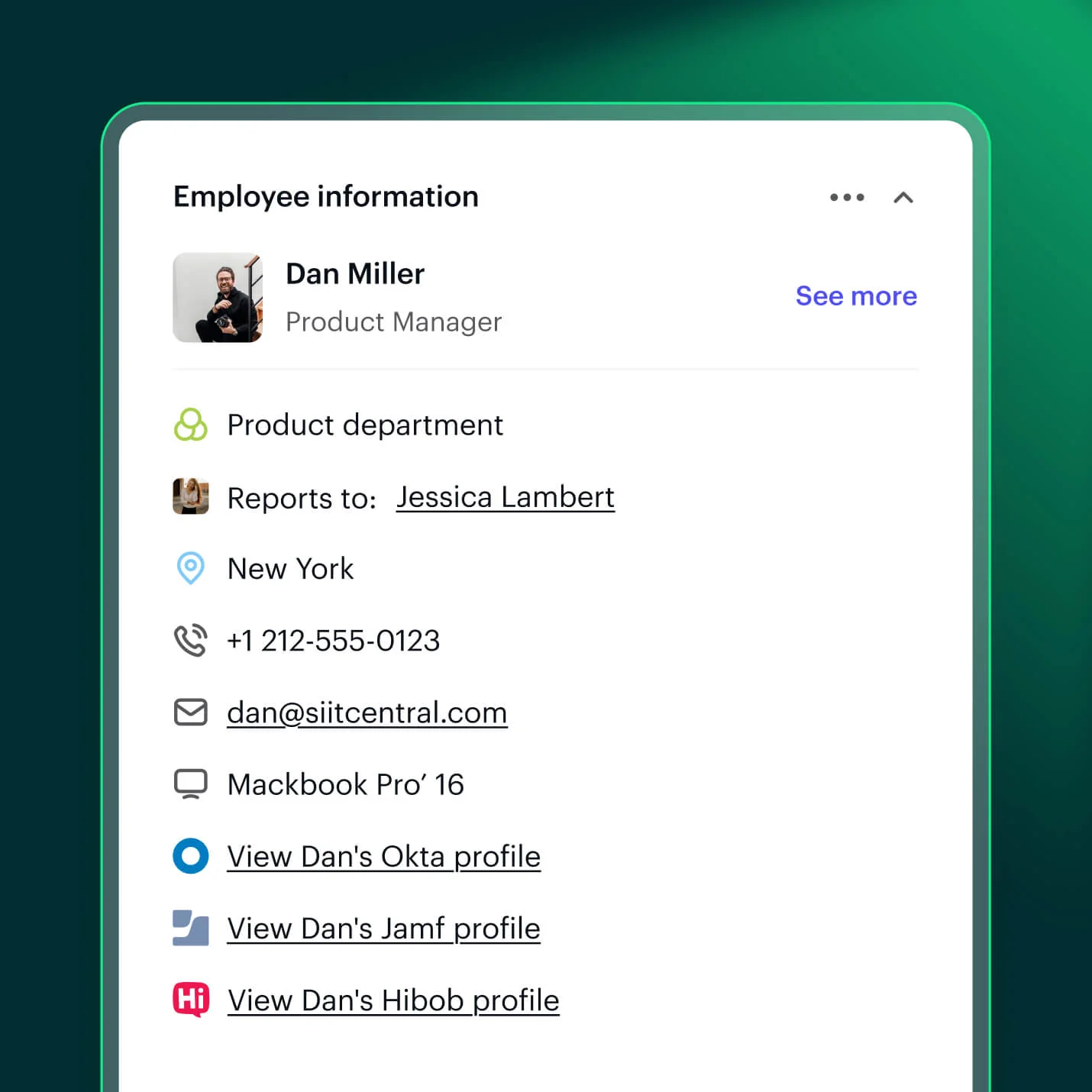 Siit employee record card showing department, manager, location, and assigned device, as taken from Siit