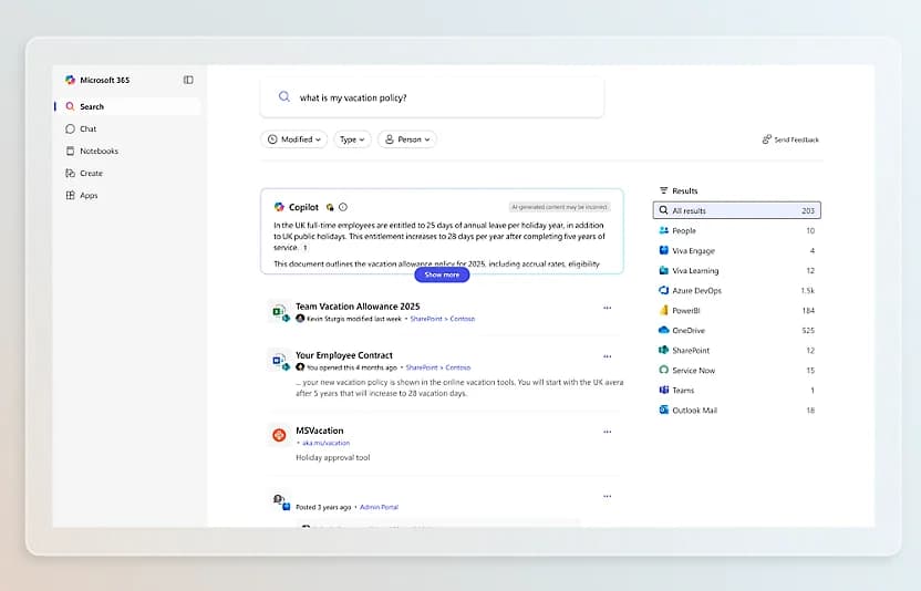 Microsoft 365 Copilot's assistant surface answering a question, as taken from Microsoft.