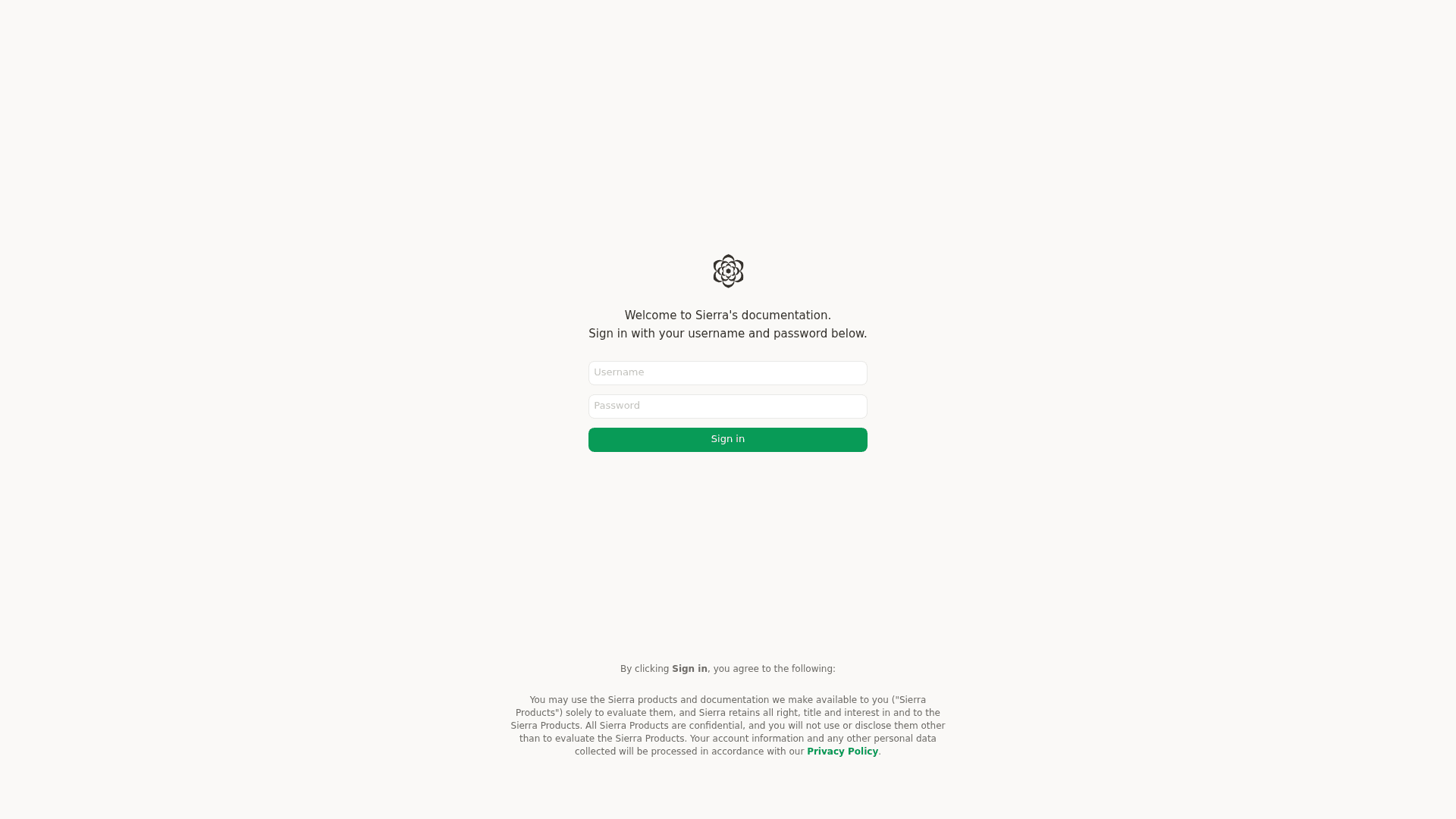 Sierra's documentation requires a username and password, with a notice that all Sierra products are confidential, as taken from Sierra
