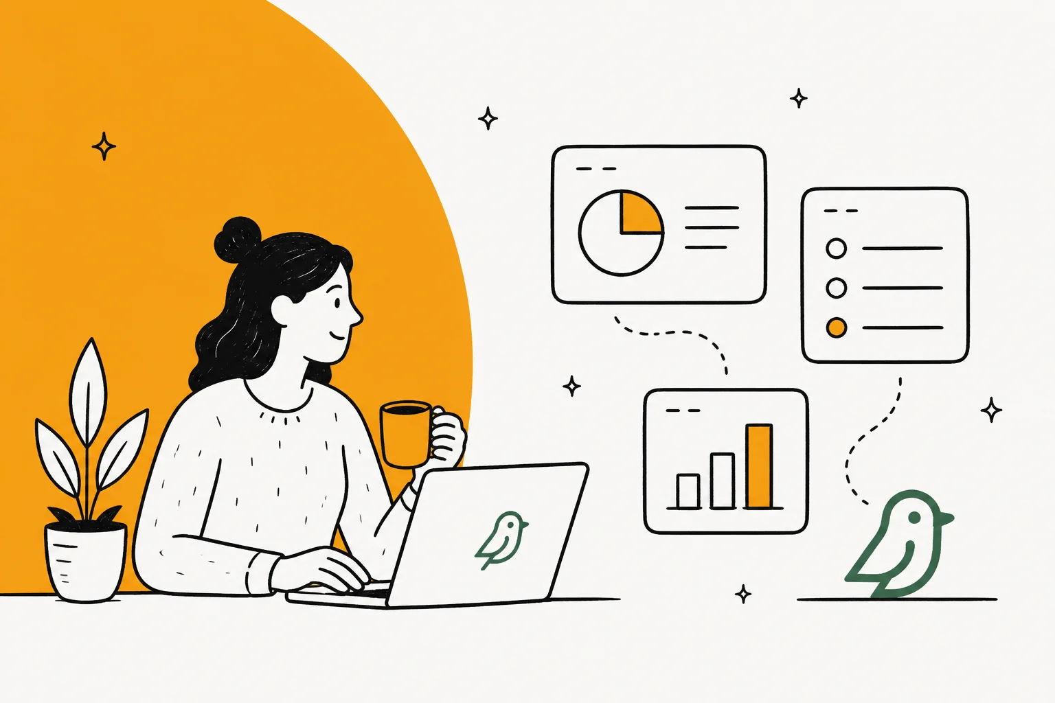 Illustrated Storebird pricing scene for the WooCommerce AI chatbot