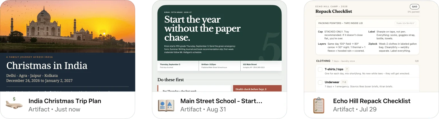 Three example Muse Artifacts, a trip plan, a school start guide and a packing checklist, as taken from Meta's design write-up at introducing.muse.ai
