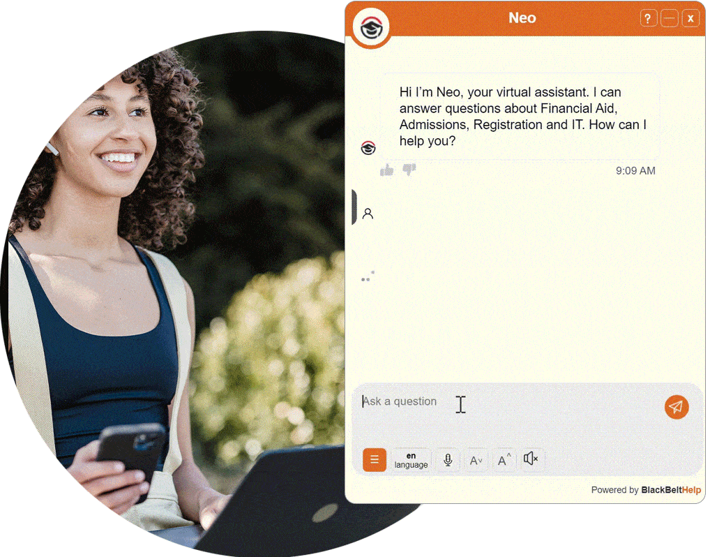 EduBot chat widget for higher education, greeting a student and offering help with Financial Aid, Admissions, Registration and IT, as taken from BlackBeltHelp