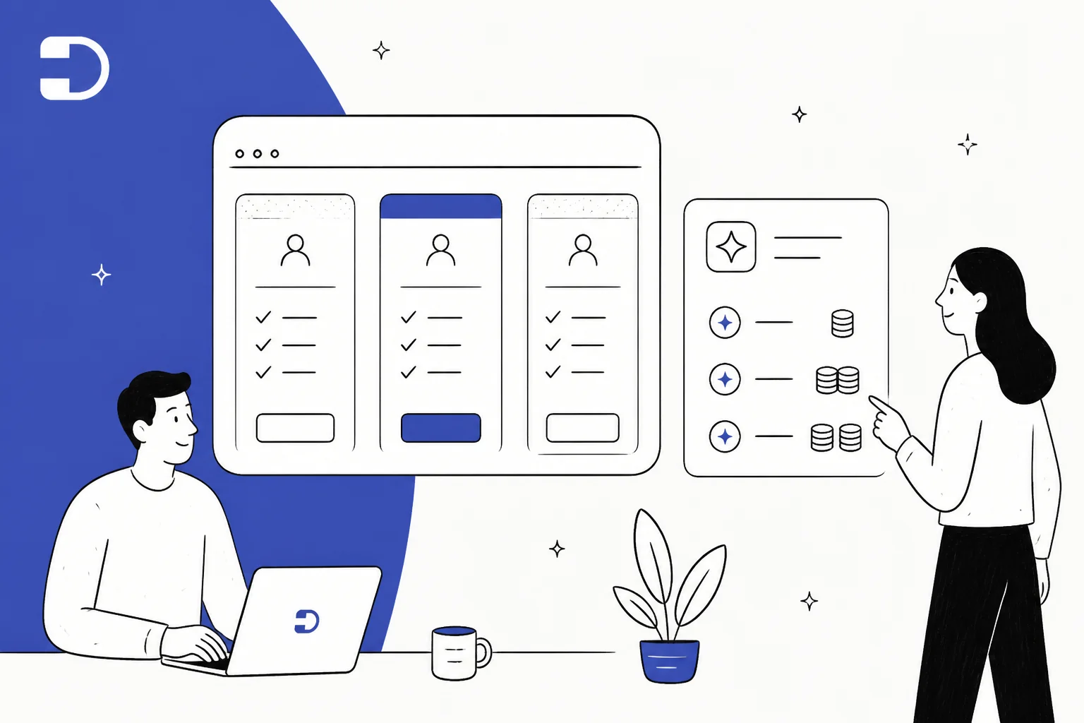 Illustration of three helpdesk plan cards beside a separate card of stacked AI credit coins