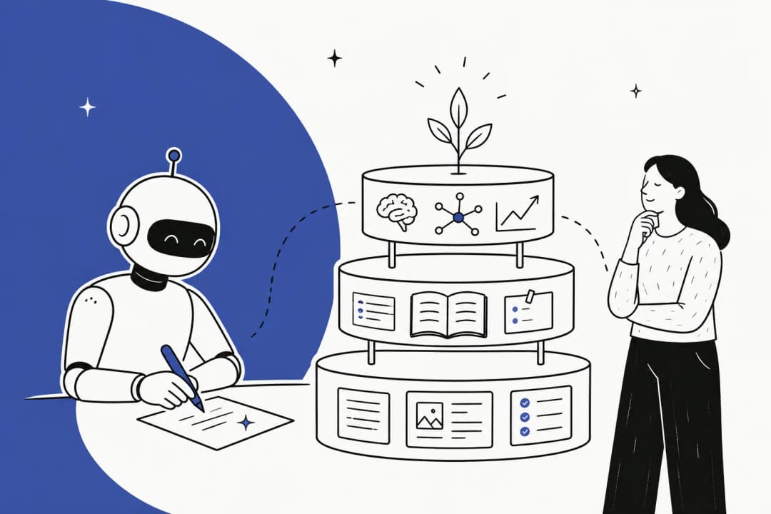 Illustration of an AI agent writing lessons into a growing wiki knowledge base across three connected layers