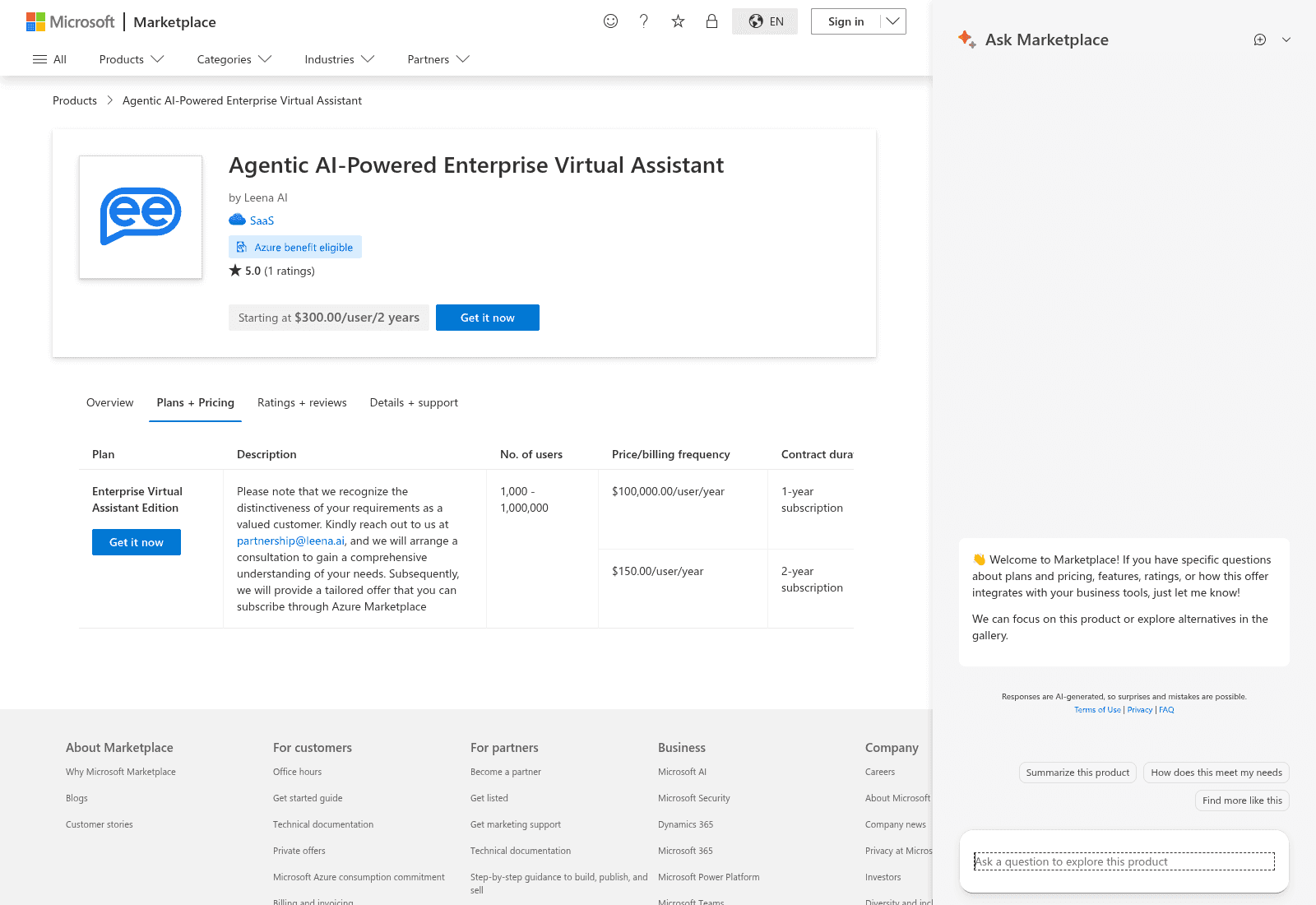 The Microsoft Marketplace Plans and Pricing tab for Leena AI's Agentic AI-Powered Enterprise Virtual Assistant, as taken from Microsoft Marketplace