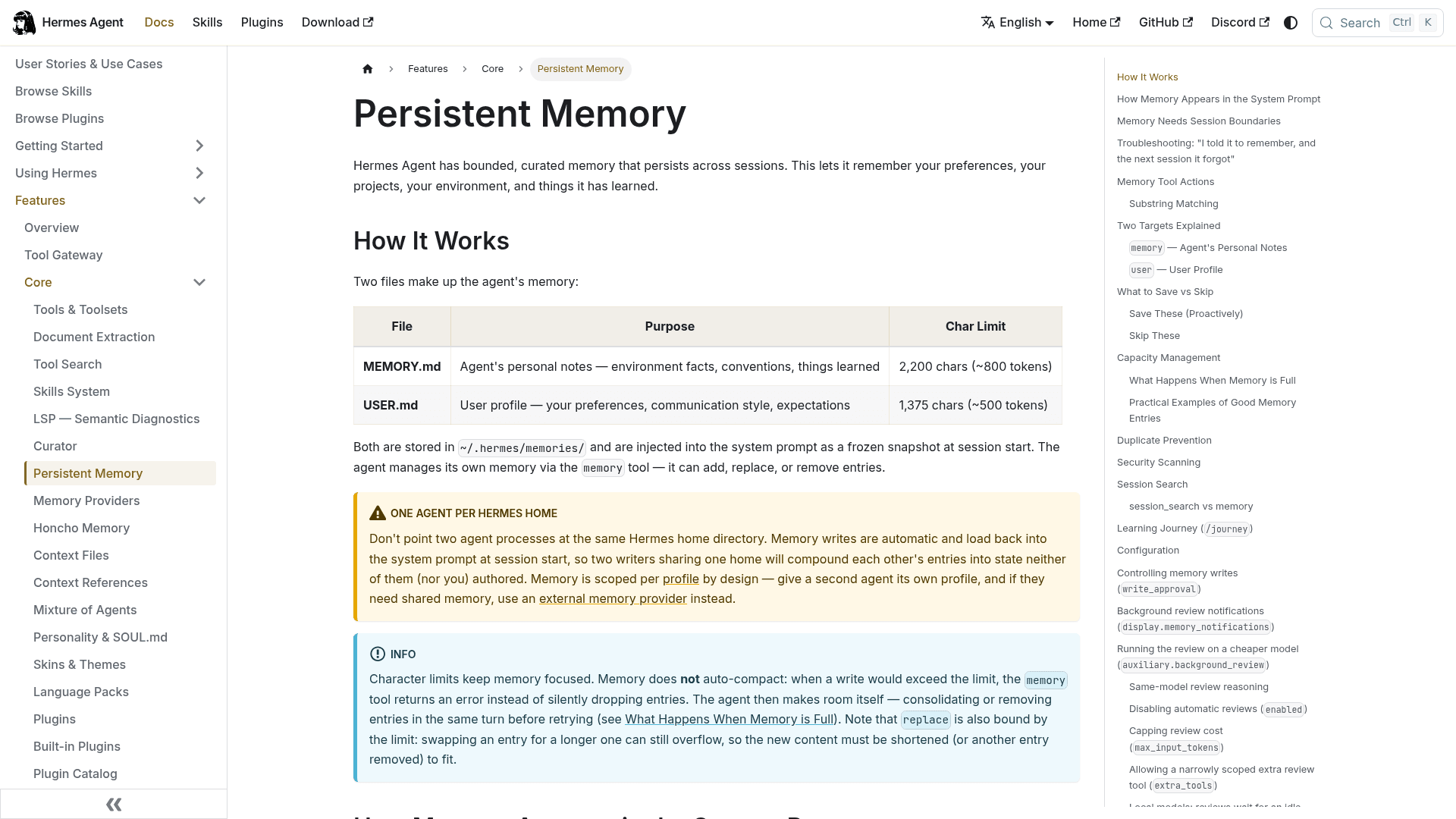 Hermes Agent's Persistent Memory docs, showing MEMORY.md capped at 2,200 characters and USER.md at 1,375 characters, as taken from Hermes docs