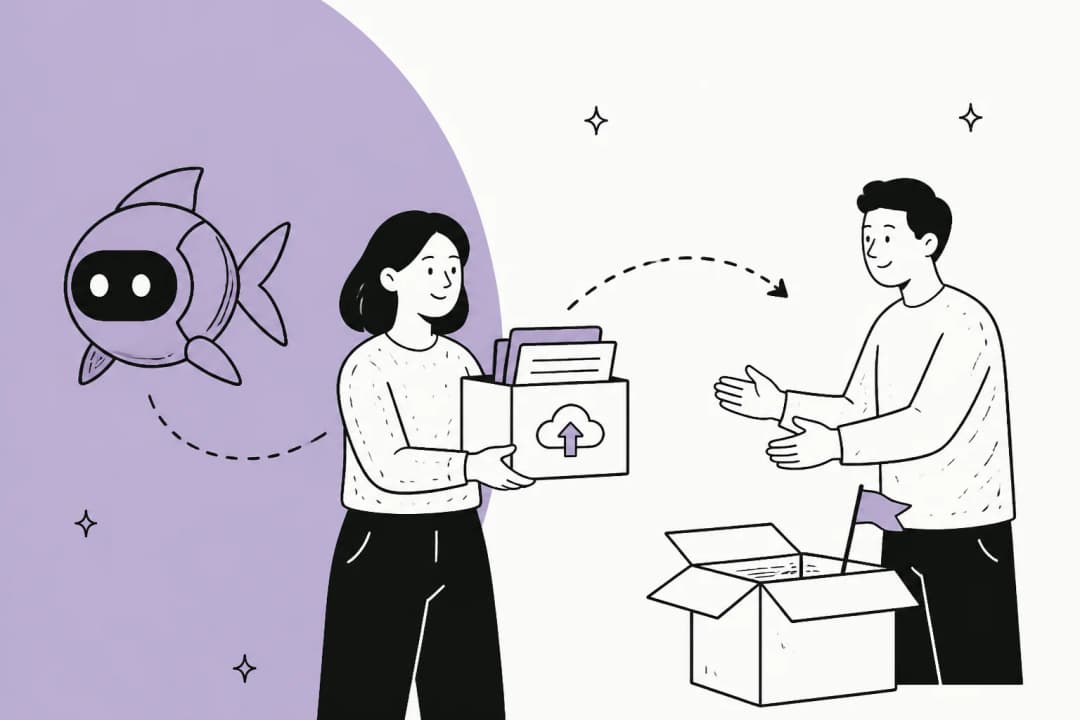 An illustration of a Gobii agent's data being packed into a box and handed to a new platform