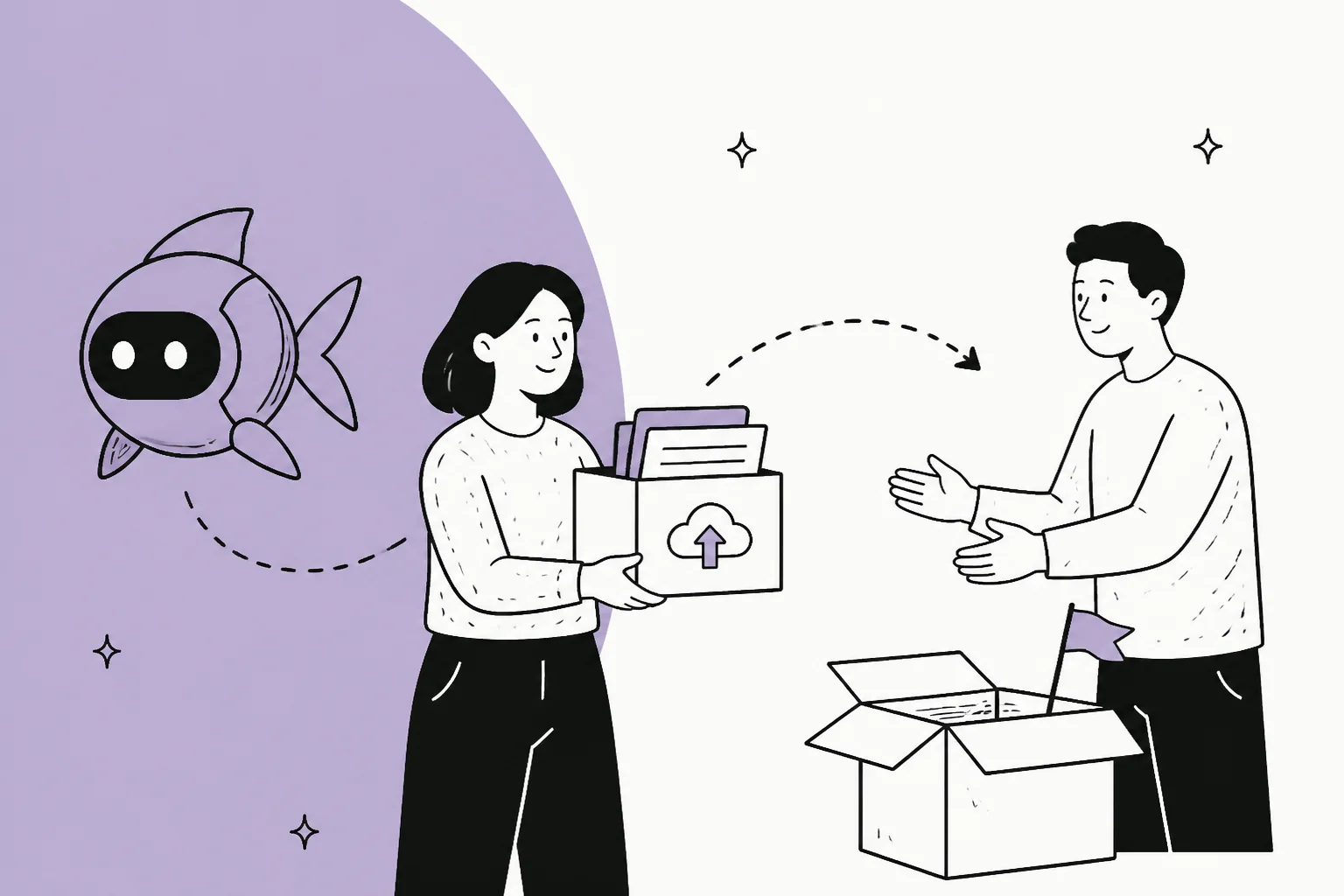 An illustration of a Gobii agent's data being packed into a box and handed to a new platform