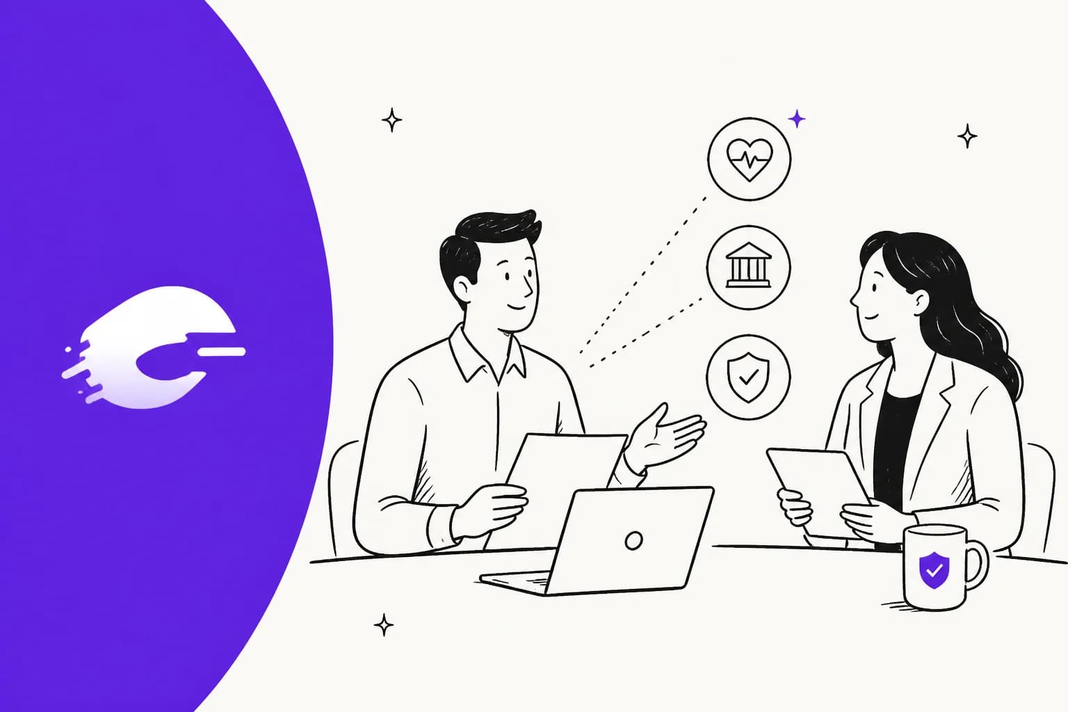 Illustration of two people reviewing a regulated AI application build against compliance icons