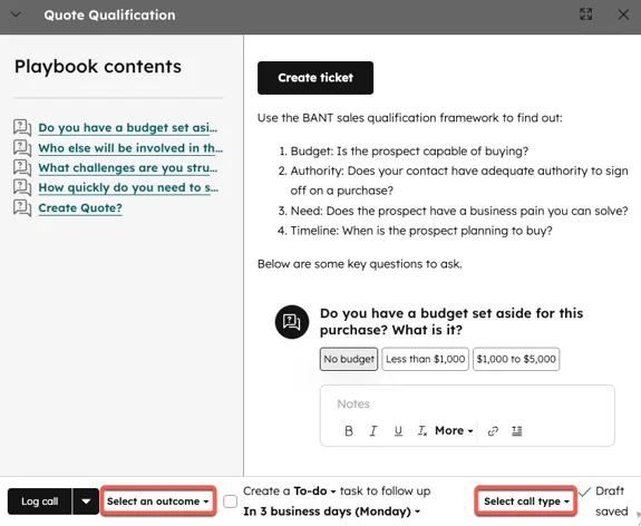 HubSpot playbook open on a record, with playbook contents on the left, a Create ticket button, answer options for a question, a notes field and Log call controls, as taken from HubSpot's knowledge base