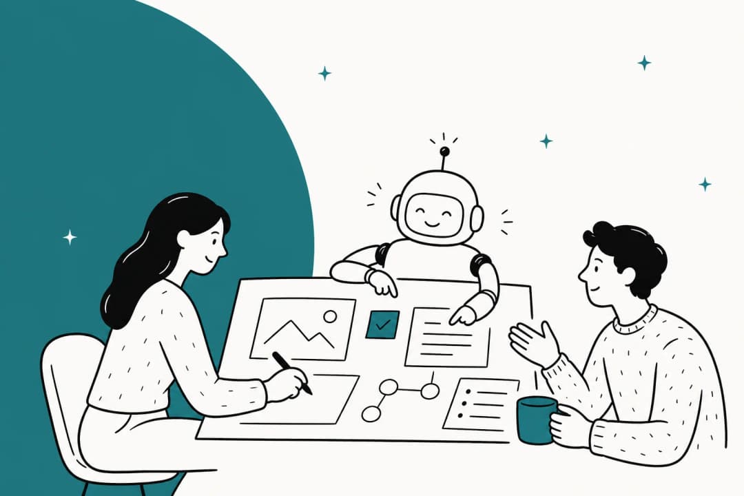 Hand-drawn illustration of two teammates and a friendly robot working together over one shared board of pages, checklists, and charts