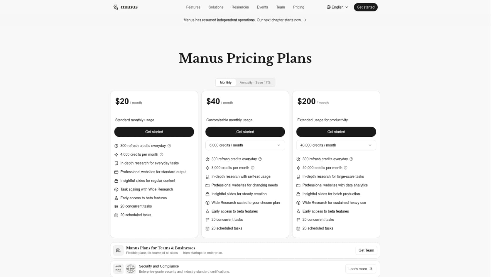 The Manus pricing page, showing its credit-based plans, the independent-operations banner, and SOC 2 plus ISO 27001 badges, as taken from Manus