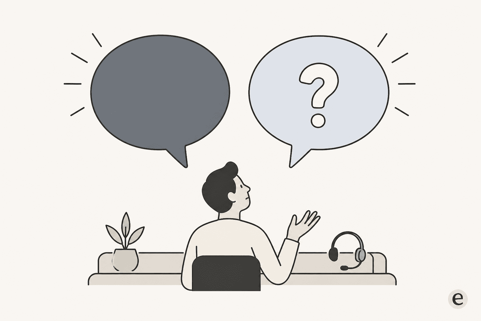 An illustration of a support agent looking up at two equally confident speech bubbles, one solid and one hollow with a question mark inside