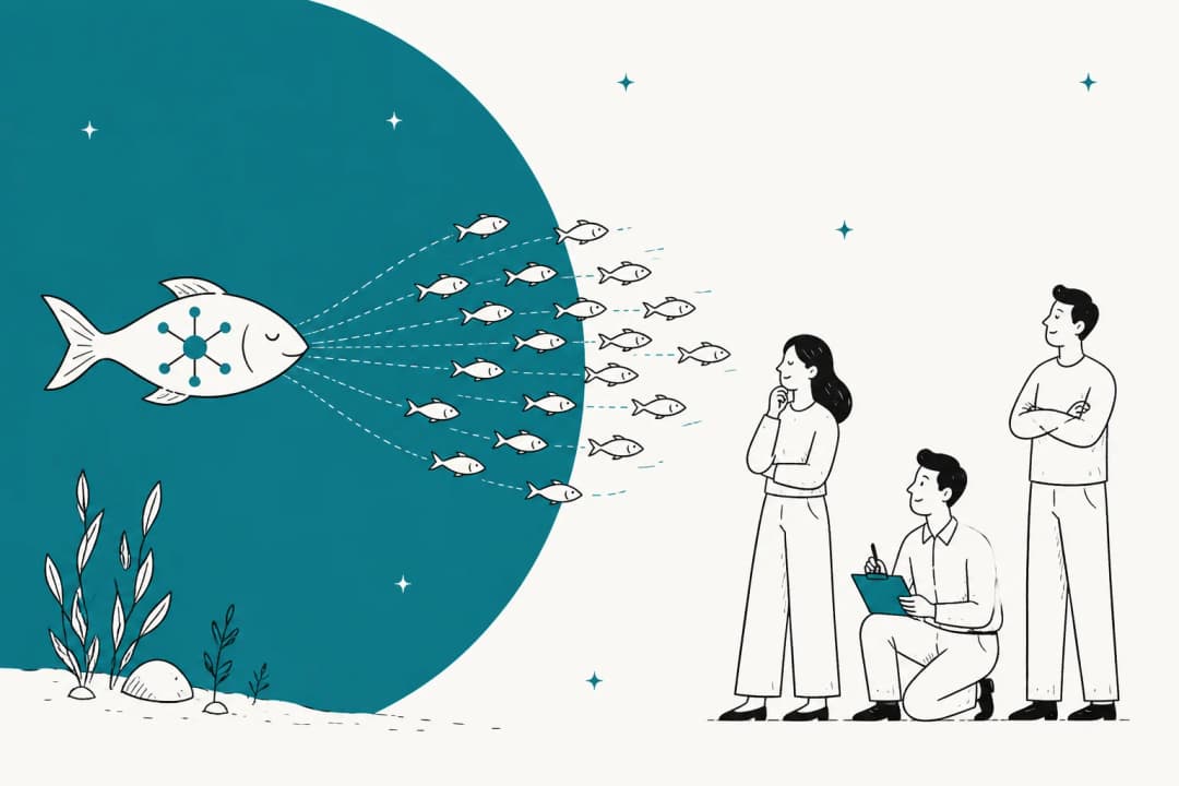 Illustration of one large coordinator fish routing work across a school of smaller fish, as analysts look on