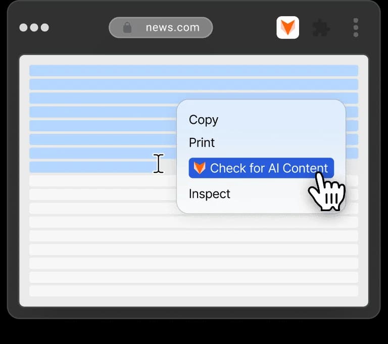 Pangram's browser extension adding a "Check for AI Content" item to the right-click menu, as taken from Pangram