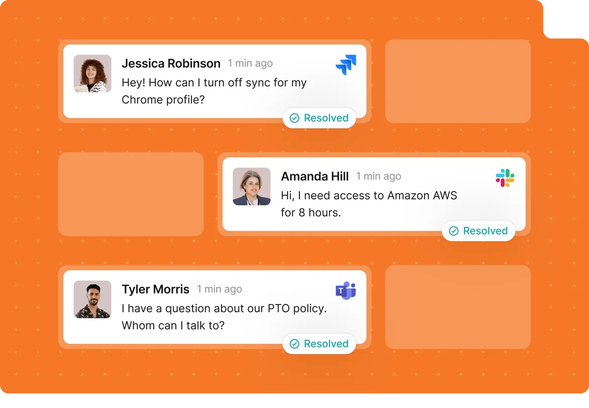 Risotto handling requests across Jira, Slack, and Microsoft Teams for different departments, each marked resolved, from Risotto's product demos