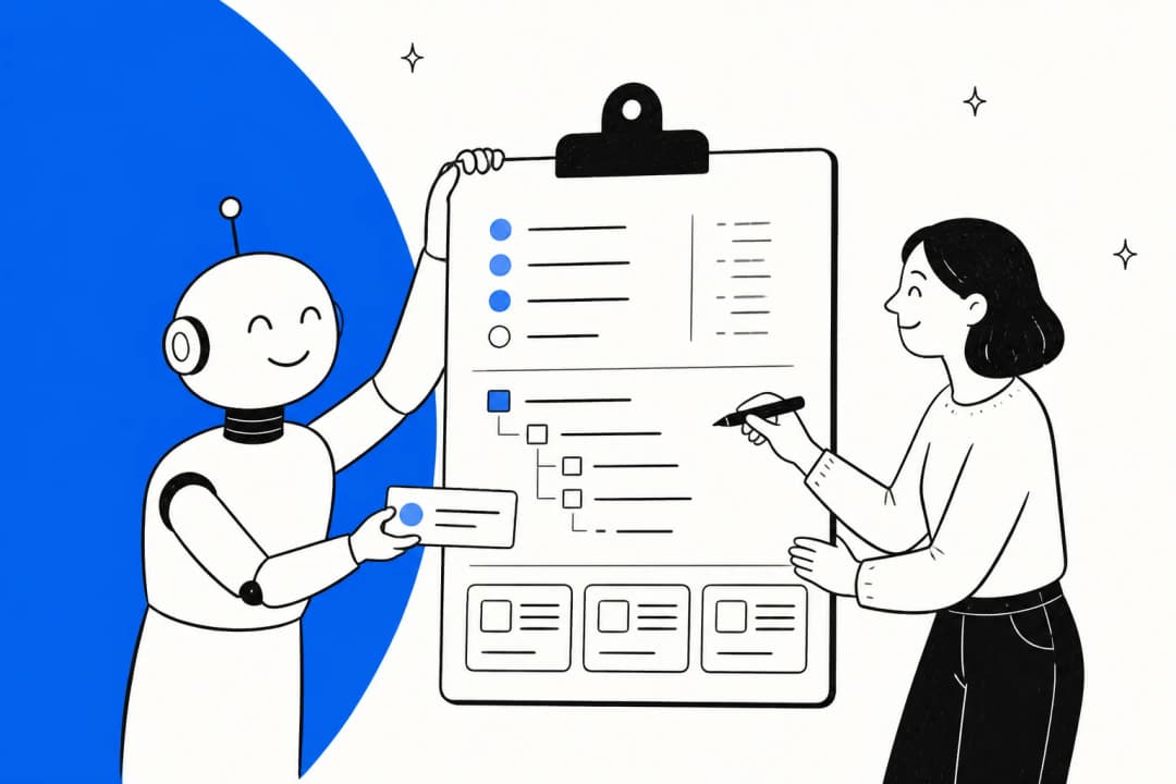 A hand-drawn illustration of a friendly robot handing a card to a content strategist who is filling in a clipboard brief with a keyword list, outline and result cards